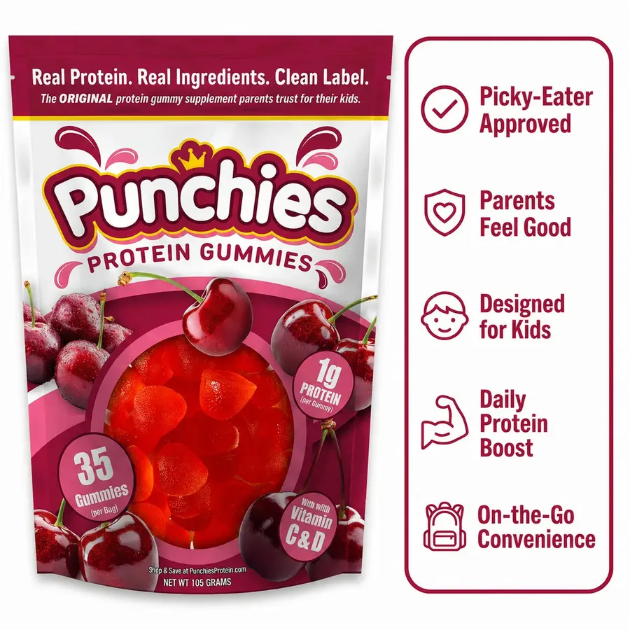 Gourmet protein gummies: Punchies cherry protein gummies bag with label callouts