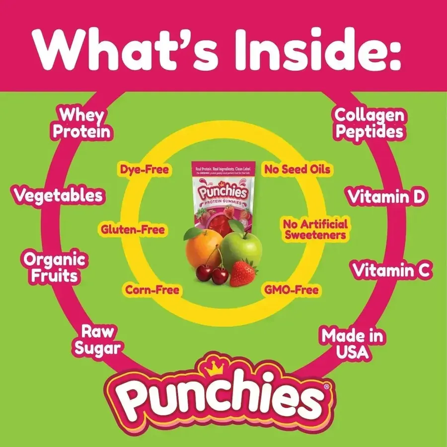 Gourmet protein gummies: what is inside Punchies protein gummies: whey protein, collagen peptides, vitamin C and D, organic fruits and raw sugar