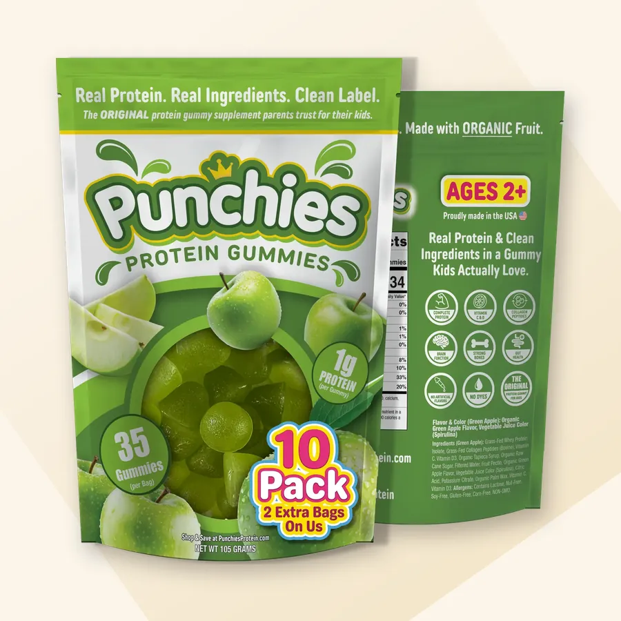 Gourmet protein gummies: Punchies green apple protein gummies, 10-bag pack